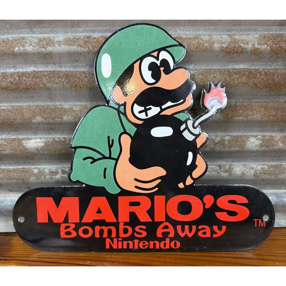 Porcelain Mario’s Bombs Away Nintendo Sign 10" Sigle Sided